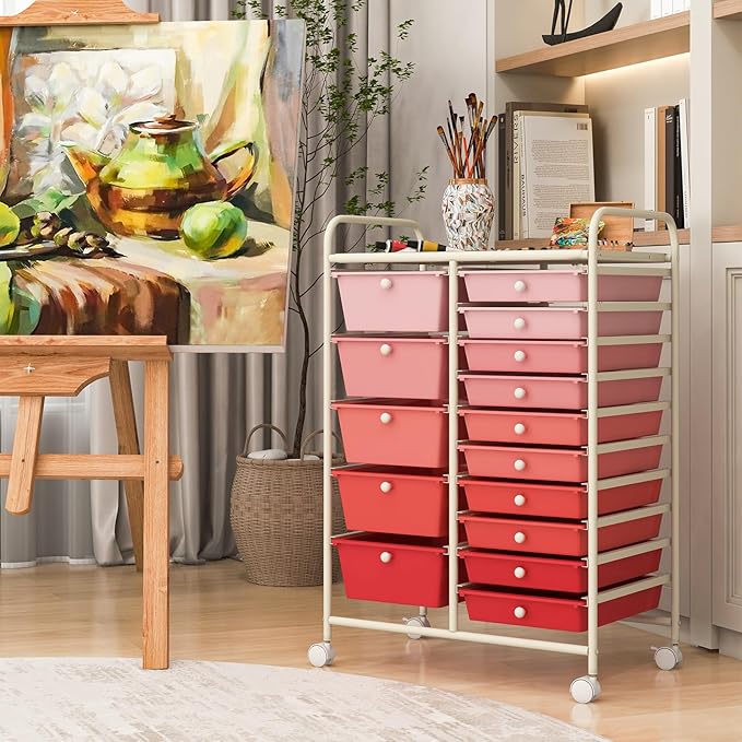 DORTALA 15-Drawer Rolling Storage Cart with Drawers, Rolling Utility Cart w/Removable Drawers & Universal Wheels, Tools Scrapbook Paper Organizer for School, Office, Home, Classroom (Gradient Pink)