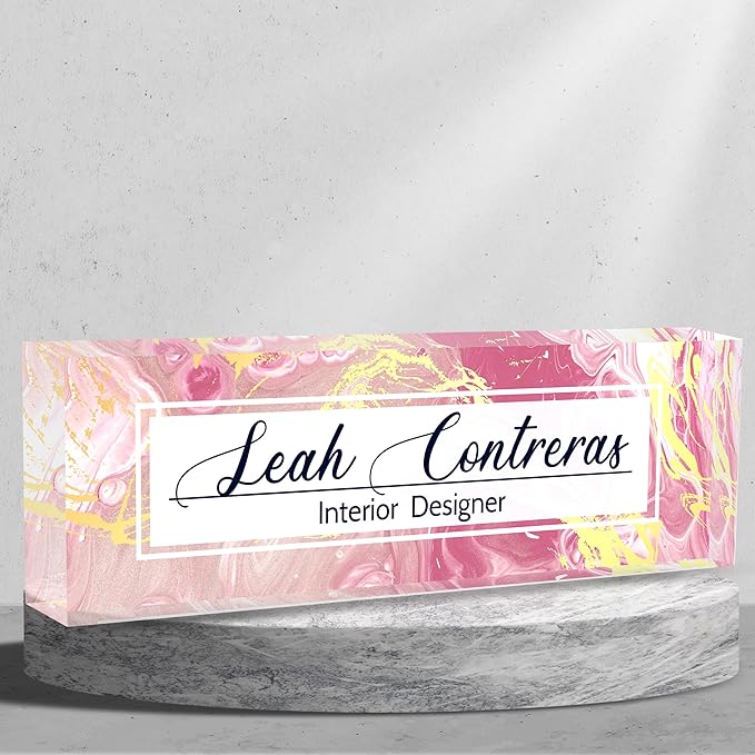 AZUFEMOS Personalized Name Plate for Desk Custom Acrylic Desk Name Plate Custom Employee Appreciation Gifts Office Gifts for Women, Men, Boss, Coworkers, Teacher, Nurse (Pink Flow Gold)