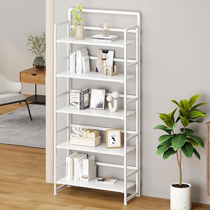 THKKY No Assembly Folding Bookshelf, 5 Tiers Collapsible Book Shelf for Home Office, Vintage Wood Foldable Bookcase Storage Organizer for Living Room Bedroom (White)