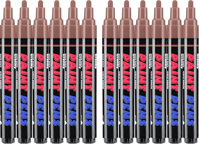 Craiiby Brown Paint Pens Paint Markers - 12 Pack Permanent Quick Dry Waterproof Marker Pens for Rocks Wood Fabric Plastic Canvas Glass Mugs Metal Tire Stone