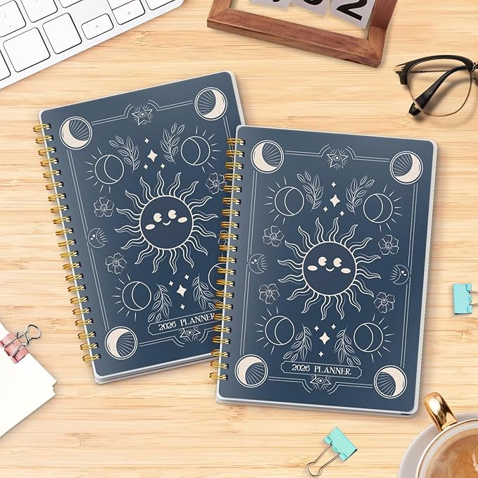 2026 Planner, Weekly and Monthly Planners with Tabs, A5 Spiral Bound Daily Calendar 2026 Planner, 12 Month Agenda Organizers from Jan. to Dec., Flexible Cover Appointment Book(Smill Sun)