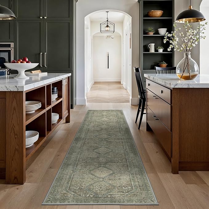 GENIMO Runner Rug 2x12 Non Slip Machine Washable Hallway Runner Rug, Low Pile Lightweight Rugs for Entryway, Hallway, Kitchen and Corridor, Sage/Blue