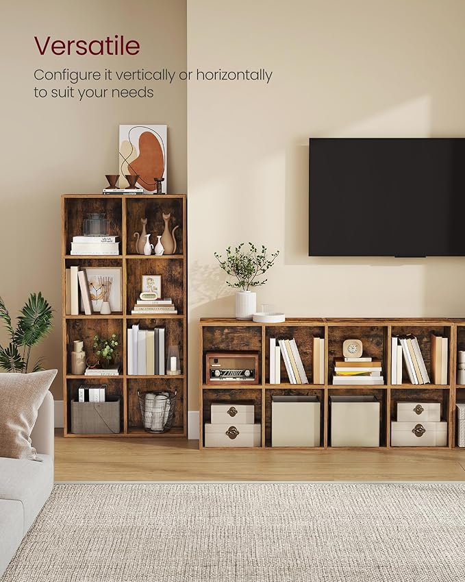 VASAGLE Custos Collection - Bookshelf, Bookcase, Cube Shelf with 8 Compartments, 9.4 x 25.8 x 51 Inches, Storage Shelf, for Living Room, Home Office, Dining Room, Rustic Brown ULBC424K01