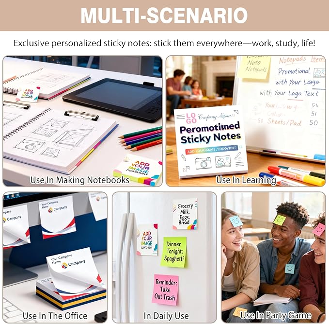 Personalized Sticky Notes Bulk 3-500 Pack – 3"x3" Custom Notepads Promotional Items with Your Logo Text 50 Sheets/Pads, Funny Post it Notes, Stationery Note Gifts for Office Business School Students