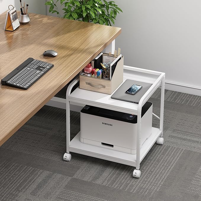 Fannova 20 Inches Deep Large Printer Stand, 2 Tier Under Desk Printer Table with Height Adjustable Shelf, Rolling Printer Cart with Wheels for Home Office Storage - White