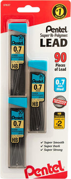 Pentel C27BPHB3K6 Super Hi-Polymer Lead Refills, 0.7mm, HB, Black, 30 per Tube (Pack of 3 Tubes)