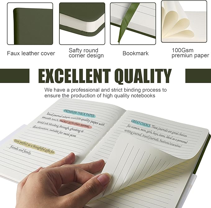 EMOMAS Lined Journal Notebook, 10Pack Hardcover Notebook for Men & Women – Journals for Writing, Work, School, Home & Daily Notes, 160 Pages – Medium A5, 5.7"x8", 100 gsm Thick Paper (Olive Green)
