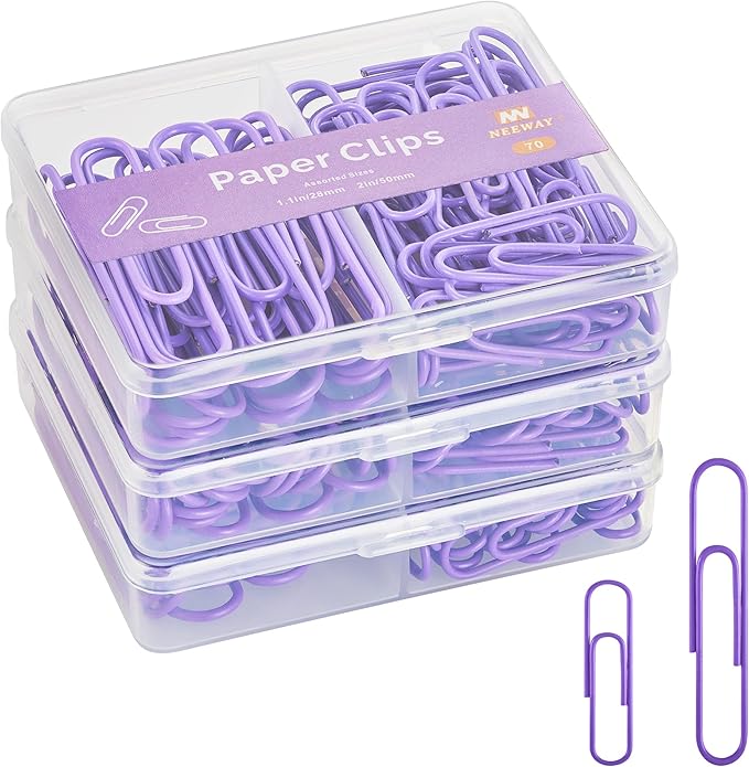 NEEWAY Colorful Paper Clips Assorted Sizes, Small and Large Paperclips, 210 Count, 3 Pack of 70 (Purple)