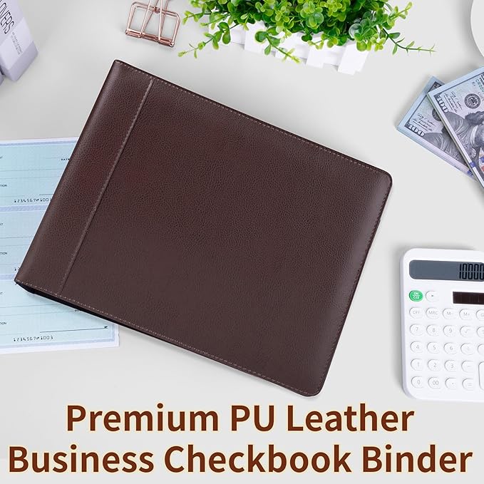 Antner 3 Ring Personal Check Binder for 3-on-a-Page End-Stub Deskbook & Personal 3 Holes or 9 Holes Small Size Checks, PU Leather Check Holder Checkbook Binder Cover with Zipper Pouch, Coffee