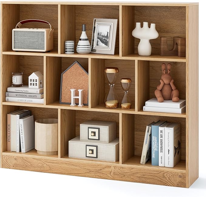 Tangkula 10-Cube Bookshelf, 47.5”L Floor Bookcase with 2 Anti-Tipping Kits, Freestanding Storage Organizer, 4-Tier Display Shelf for Home, Office & Dorms, Natural/White (Natural, 10-Cube)