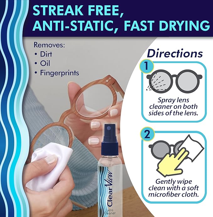 Clear View Lens Cleaner Kit – 4 Bottles + 4 Microfiber Cloths | Streak-Free Eyeglass & Screen Cleaning Spray | Safe for AR & Blue-Light Lenses | 8 oz + Travel Sizes