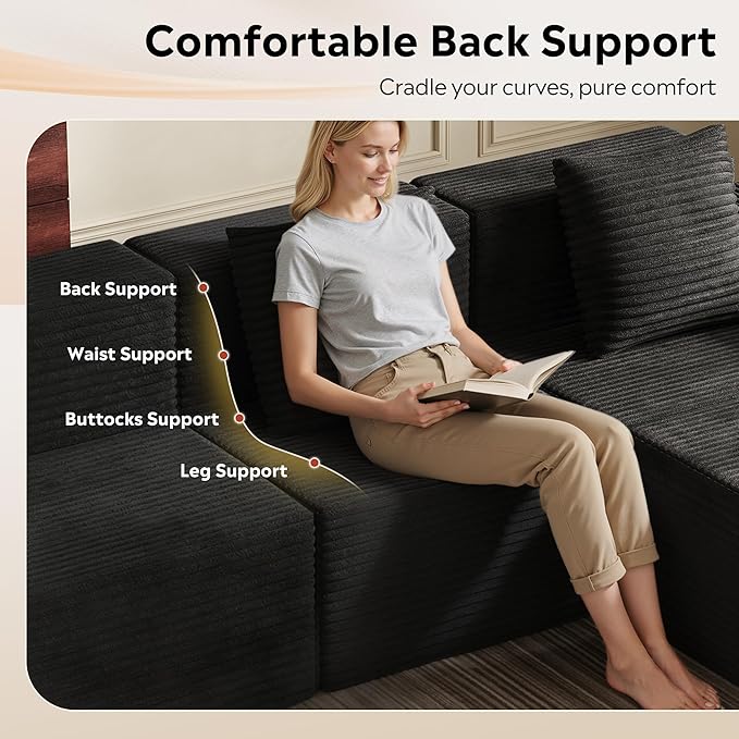 WLIVE 32'' Boneless Couch for Living Room, Modular Sectional Sofa, Cloud Memory Foam Couch L Shape with Chaise, Black