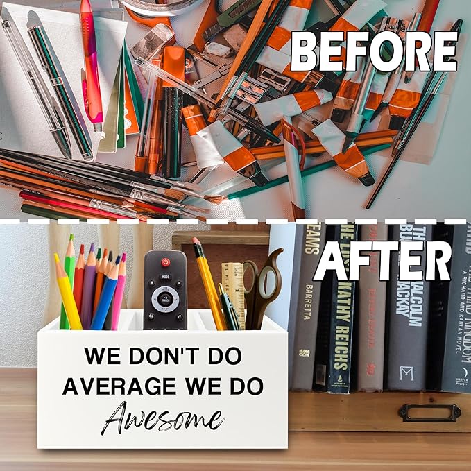 XPH Inspirational Pen Pencil Holder Organizer for Desk, Inspirational Gifts for Women, We Don't Do Average We Do Awesome Motivational Wooden Box Sign for Home Office Desk Tabletop Decorations