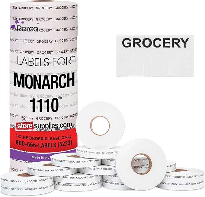 Perco Grocery Labels to fit Monarch 1110 Price Gun - 16 Rolls, 17,000 Labels with Ink Roll Included