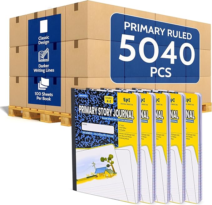 EPI 5040 Pack (Pallet) Primary Ruled Composition Notebook Bulk, 200 pages (100 Sheets), 9-3/4 x 7-1/2, Blank Top Header For Drawing, Story Paper, Heavy Duty, School Supplies, Grades K-2, Sewn Binding