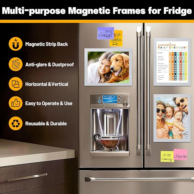 VAIIGO 5Packs Magnetic Frames for Refrigerator - 8.5x11 Magnetic Sign Holder with Metal Surface - File/Paper/Document Holder & Photos/Picture/Poster Frame for Home/Office (Silver)