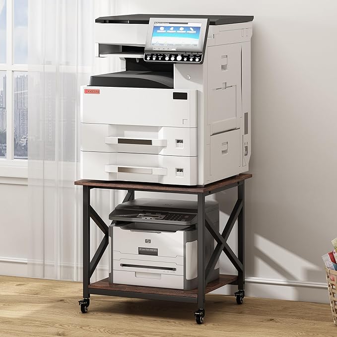Fannova Large Printer Stand, 23.6 x 23.6 x 22.6 Inches Square Printer Table with Storage Shelf, 2 Tier Rolling Printer Cart with Industrial Wheels for Home Office - Rustic Brown