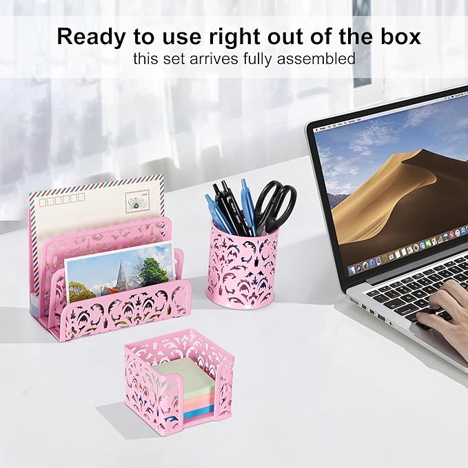 EasyPAG Desk Organizers and Accessories 3 Pieces Office Organizer Set - Pen Holder for Desk, Mail Sorter Countertop and Sticky Note Holder, Pink