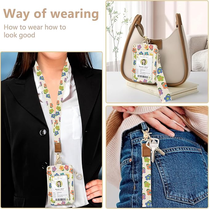 bolimoss 2-in-1 ID Badge Holder & Lanyard Wallet, Cute Floral Lanyard with Wallet, ID Badge Holder with Neck & Wristlet Lanyard, Pu Leather Zip Id Case Wallet with Breakaway Lanyard, Keychain Wallet