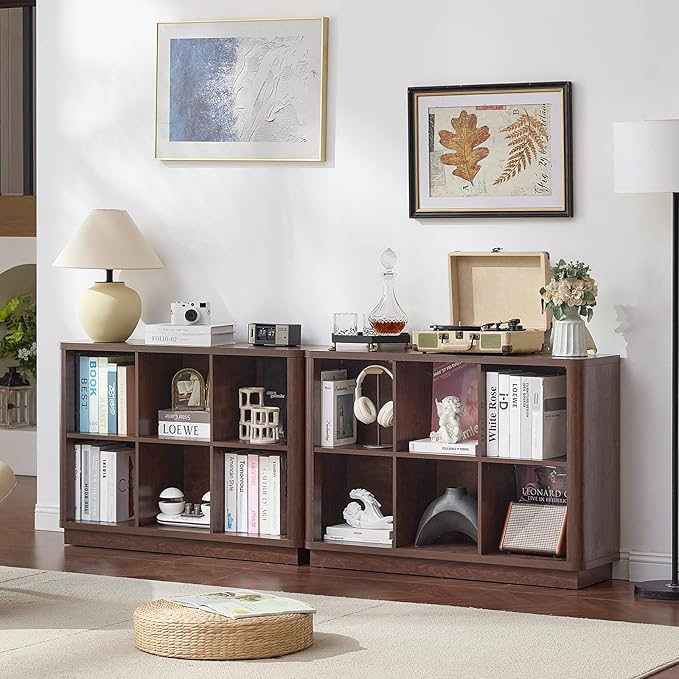 Joaxswe 6 Cube Storage Bookcase, 40" Wide Low Horizontal Book Shelf with Curved Edge, Wood Floor Standing 2-Tier Bookshelf with Base, Farmhouse Short Book Case for Bedroom, Living Room, Office, Walnut