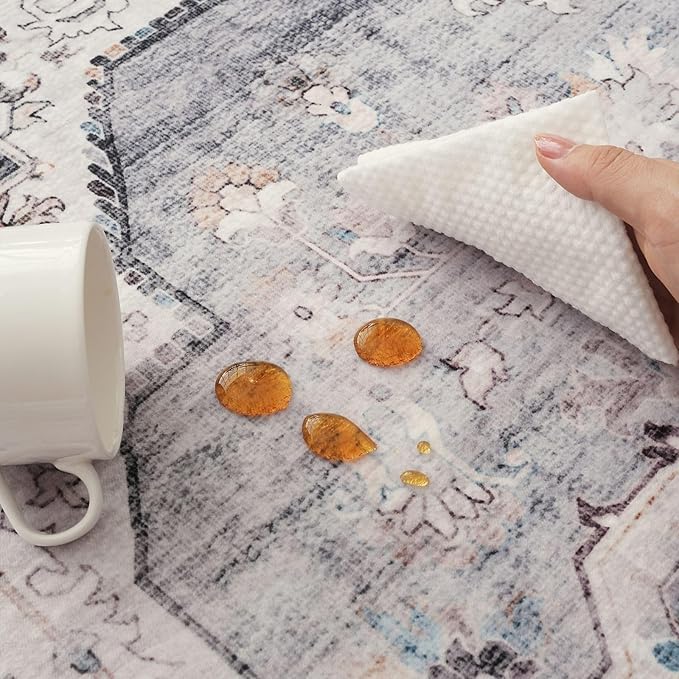 Rugcomf Vintage Medallion 3'x5' Washable Rug - Non-Slip Low Pile Area Rug, Small Boho Carpet for Bedroom, Bedside, Kitchen, Entryway, Kids/Girls Room, Office - Grey and White