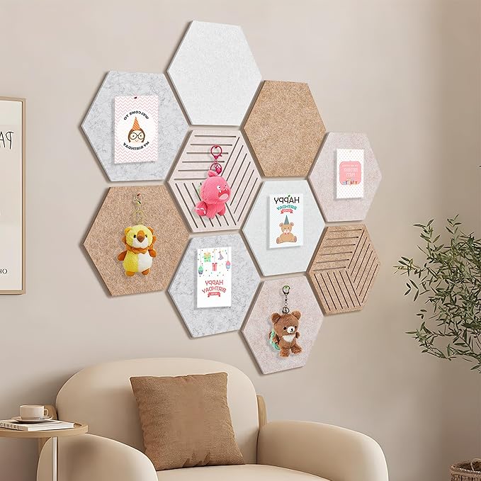 Fwpelt 15'' Large Hexagon Cork-Bulletin Board Tiles Adhesive Frameless 10 Pack 15 x 13 inch Hex Pin Corkboard Prayer Vision Cork Board for Office-Wall Decor, Hexagonal Tack Pinboard with 30 Push Pins