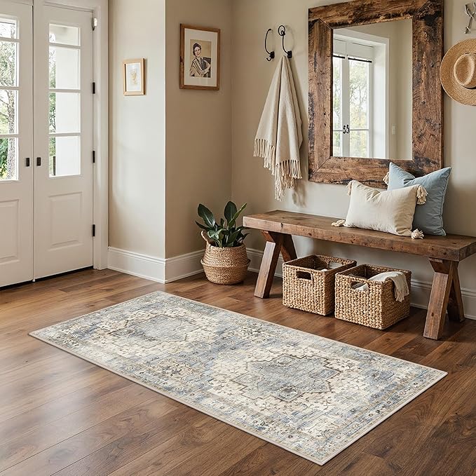 GENIMO 2x5 Runner Rugs for Hallway, Machine Washable Non Slip Vintage Rugs, Low Pile Lightweight Soft Print Rug for enrtyway, Corridor, Home, Office, Kitchen, Mint Sage