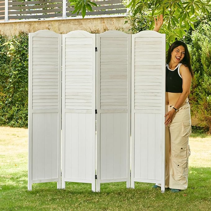 Room Dividers, 5.75Ft Individual Privacy Screens Foldable Wooden Louver & MDF Stable Wall Divider for Home Office Bedroom, 4 Panels (White-Washed)