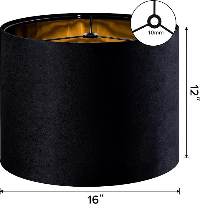 GO&SO Black Velvet Lamp Shades Set of 1 Large Drum Lampshades -16" Top x 16" Bottom x 12" High(Spider) Traditional Fabric Lamp Shade for Table Lamps - Replacement Lampshade - Assembly Required