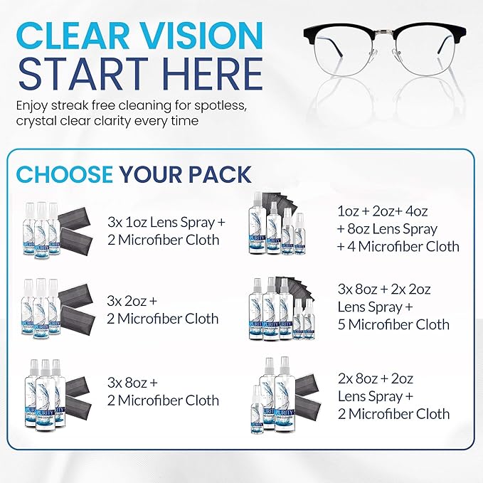 Purity Eyeglass Cleaner Mega Pack - Multi-Size Lens Cleaner Kit - 2x2oz, 3x8oz Bottles + 5 Black Premium Microfiber Cloths - Safe for All Lenses, Eyeglasses, and Screens - Streak-Free Formula