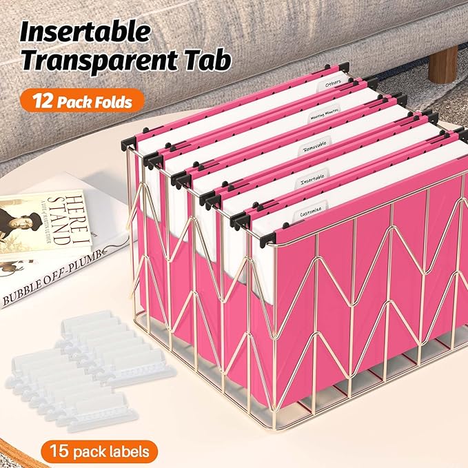 Shutex Extra Capacity Plastic Hanging File Folders,12 Pack Reinforced Expanding Hang Folder Letter Size,Accordian Pocket,Heavy Duty 2 Inch Expansion, Hard Hanging Folder Organizer for Office Home,Pink