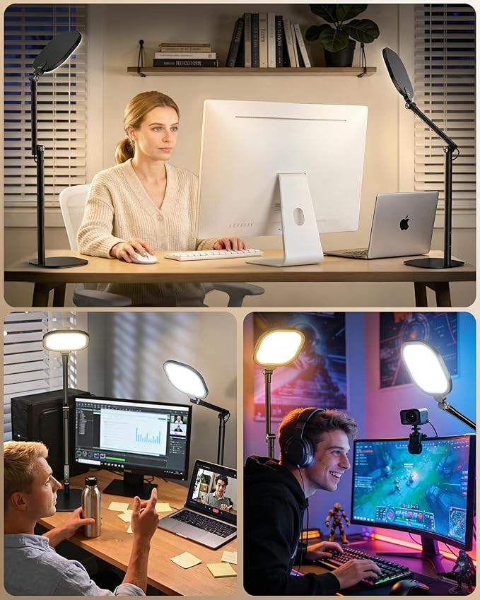 Led Desk Lamps for Home Office with Base, Video Conference Lighting for Zoom, Tall Desk Lamp with 50 Light Modes & Memory and Timer Func Computer Light, Ring Light for Desk for Video Streaming, Webcam