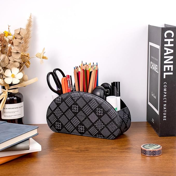 Remote Control Holders Organizer Box with 5 Compartment PU Leather Multi-functional Office Desk Storage Caddy Store Tv Remote for Media Player,Brush,Pencil,Glassees&Office Supplies (Grey print)