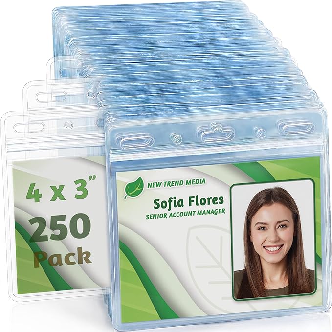 EcoEarth - Horizontal Card Protector w/Soft Edge - Sealable 4x3 Inch, Clear, 250 Pack - Waterproof ID Badge Holder - Plastic Name Tag Holder Bulk