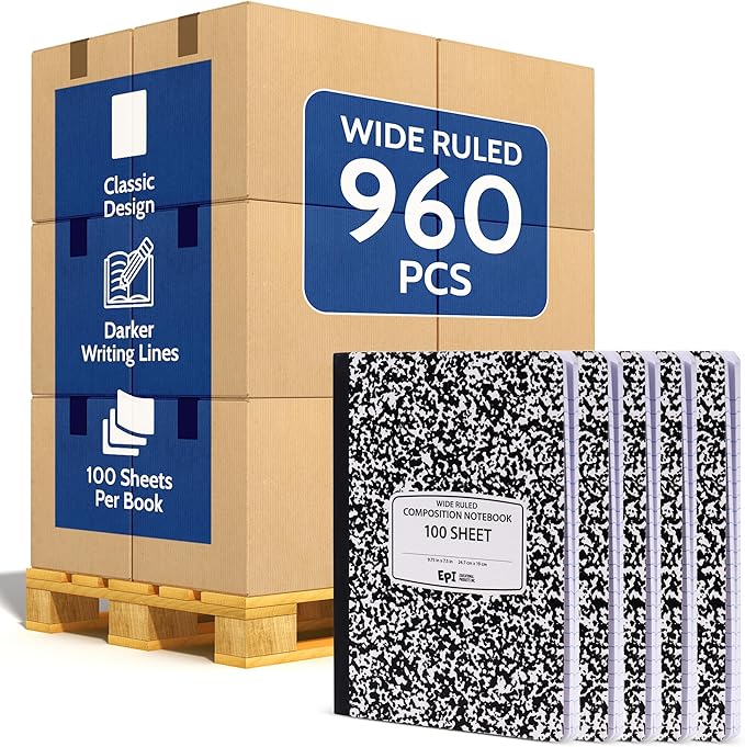 EPI 960 Pack (Pallet) Wide Ruled Composition Notebook Bulk, 200 pages (100 Sheets), 9-3/4 x 7-1/2, Black Marble, Bulk School Supplies, Heavy Duty, Durable Office Notebooks, Sturdy Sewn Binding