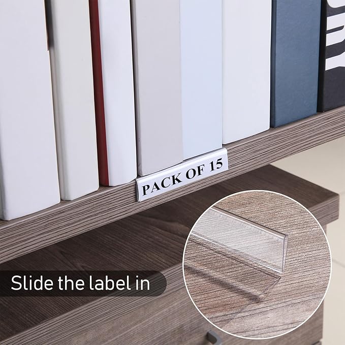Containlol 15 Pieces Moveable Shelf Label Holders Clear Shelves Tags Moveable Library Markers Transparent Shelf Label Display Holder for Classroom Office Library Book Shelves(3.03 x 9.06 x 0.63 Inch)