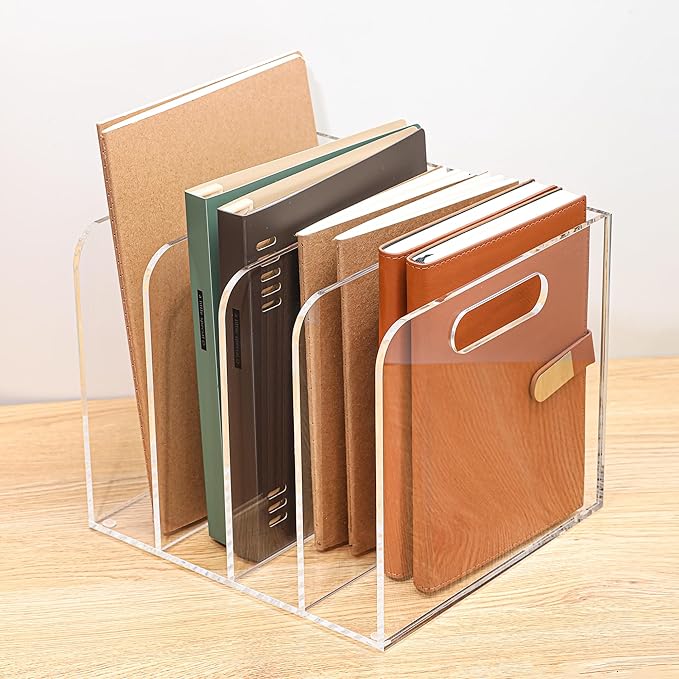 AIDIMOO Acrylic Magazine File Holder, 4 Vertical Compartments Desk Document Sorter Organizer, Clear Folder Rack Binder for Office/Documents/Classroom, for Home, Tablet, Magazines, Books & Accessories