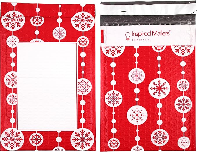 Bubble Mailers 6x9" - Red Snowflake Baubles with Writable Area - 25 Pack - Holiday Poly Padded Envelopes and Bubble Shipping Mailers