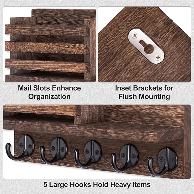 Lwenki Key Holder for Wall – Decorative Wooden Mail Holder and Key Shelf with Mounting Hardware, Installation Guide – Paulownia Wood with 5 Metal Key Hooks (11.8” x 6.7” x 2.8”)