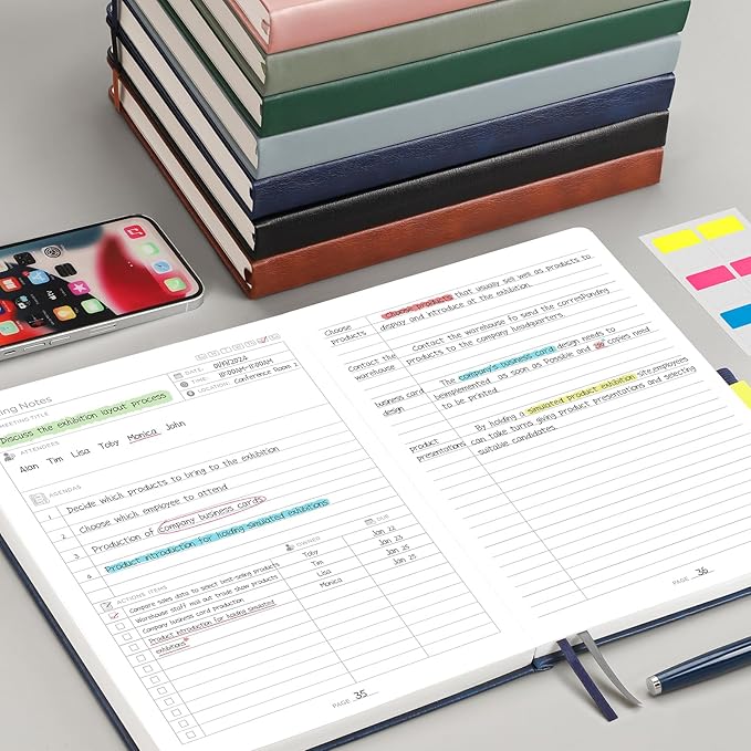 EMSHOI Meeting Notebook for Work with Action Items - 320 Pages B5 Thick Project Planner Agenda Organizer Work Notebook for Women Men Office Business, PU Leather Hardcover, 7.5" x 10", Dark Green