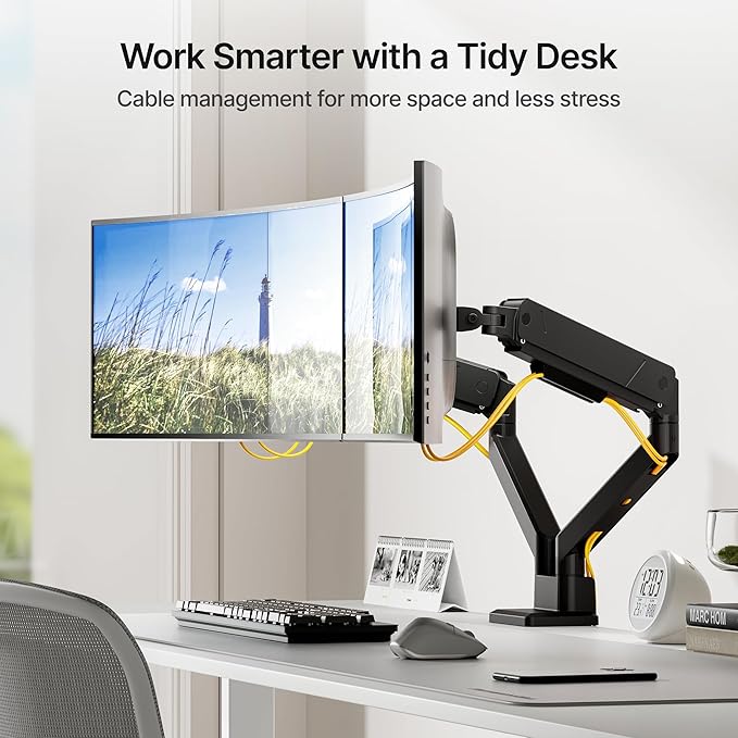 monTEK Dual Monitor Mount Monitor Arms for 2 Monitors for 17 to 35 Inch Curved Screen Holds 35 Lbs Adjustable Heavy Duty Monitor Desk Mount Cable Management, VESA 75/100mm,MA1007BK-D