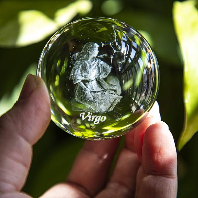 3D Inner Carving Constellation Ball Crystal Paperweight Full Sphere Glass Fengshui with Sliver-Plated Flowering Stand(Virgo)