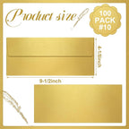 YooNotee 100 Count #10 Gold Metallic Business Envelopes, 80 lb, 4 1/8" x 9 1/2" Metallic Business Letter Size Envelopes, Peel & Press Square Flap, Printable for Professional Mailing and Office Use