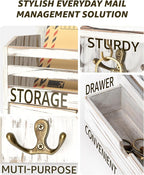 Rebee Vision Farmhouse Mail Organizer Wall Mounted – Rustic Key and Mail Holder for Wall with Drawer Organizer and 7 Key Hooks – Home Organization for Home Decor (Whitewash)
