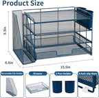 OPNICE Desk Organizer, 4-Tier Desktop File Organizer with Drawer and 2 Pen Holders, Office Desk Accessories, File Sorters, Workspace Organizers for Office Supplies(Dark Blue)