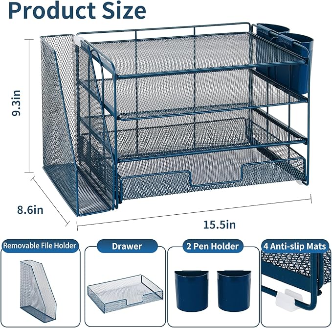 OPNICE Desk Organizer, 4-Tier Desktop File Organizer with Drawer and 2 Pen Holders, Office Desk Accessories, File Sorters, Workspace Organizers for Office Supplies(Dark Blue)