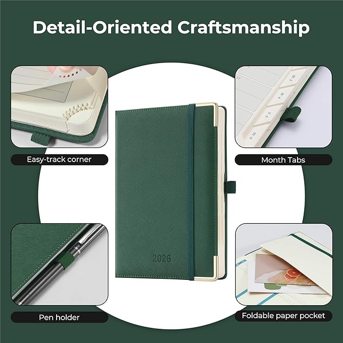 IN-luxpro Daily Planner 2026 with One Page Per Day,(A5-8.5" x 5.9"),12 Months Calendar Hourly Appointment Book Monthly Tabs & Self-adhesive Pen Holder,Inner Pocket, Vegan Leather Hardback,Green
