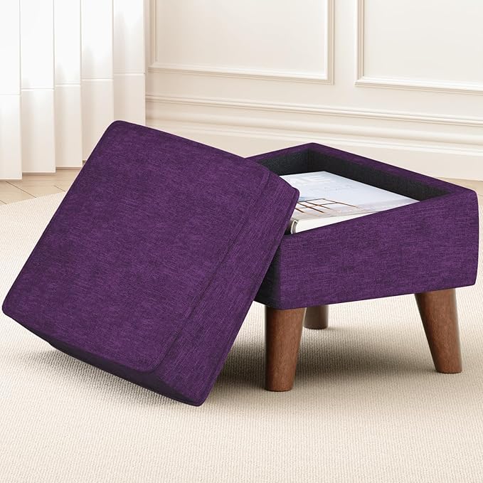 FAGAGA Storage Ottoman, Small Foot Stool Ottoman with Storage, Modern Foot Rest with Adjustable Lid and Sturdy Wood Legs for Living Room, Bedroom, Couch, Enterway(Purple)