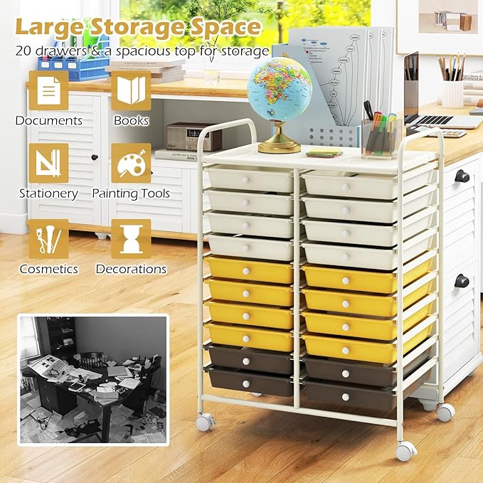 Happygrill 20-Drawer Organizer Cart Tools, Mobile Utility Storage Cart with Removable Drawers & Lockable Wheels, Rolling Storage Cart with wheels for Home Office School (Yellow, Beige & Grey)