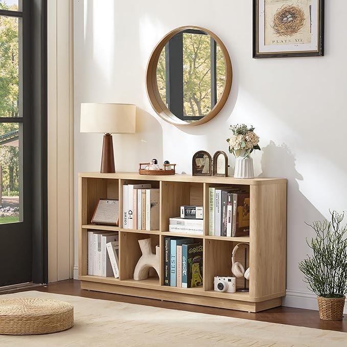 Joaxswe 8 Cube Storage Book Shelf, 52" Long Horizontal Bookshelf with Curved Edge, Floor Standing Wooden Cubby Bookcase with Base, Modern Low Console Book Case, TV Stand for Living Room, Natural Oak